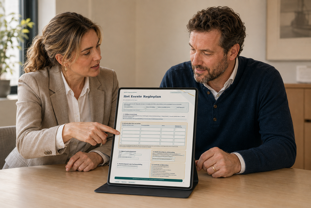 HR-adviseur en leidinggevende bespreken het digitale Eerste Regieplan op een tablet